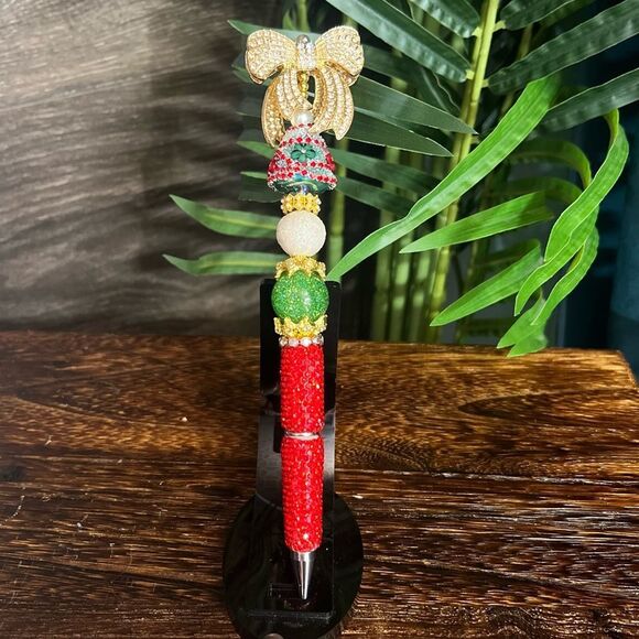 Christmas Hand-Made Custom Extended Beaded Pen with Large Fancy Bow. Rhinestone. - Picture 1 of 10